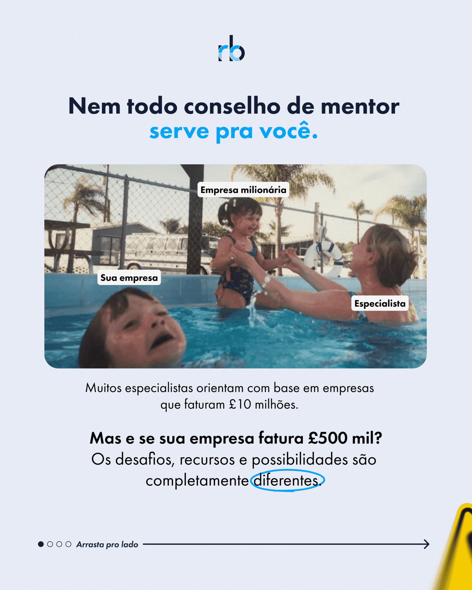 A carousel slide arguing that not every mentor's advice suits your business, illustrated with swimming pool photographs
