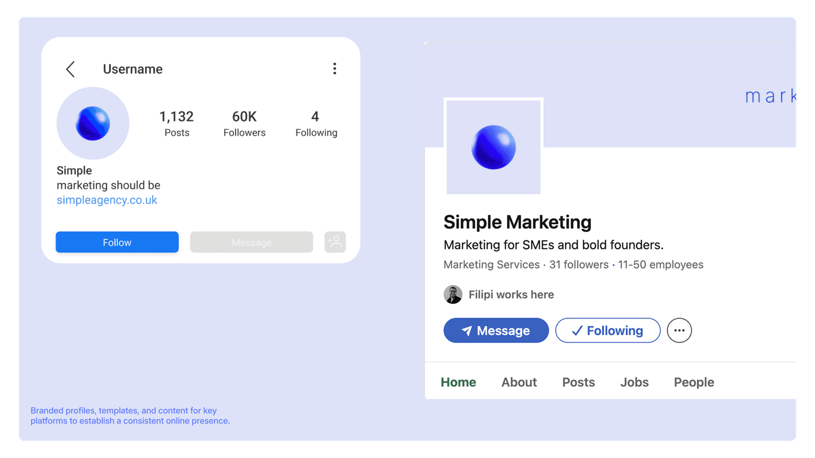 Social profile mockups for Simple Marketing, showing the sphere mark as an avatar on an Instagram-style and a LinkedIn-style page