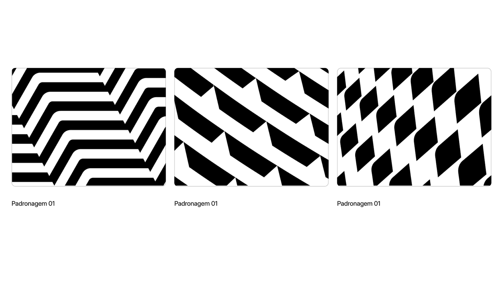 Three black and white pattern studies built from the logo's angled strokes