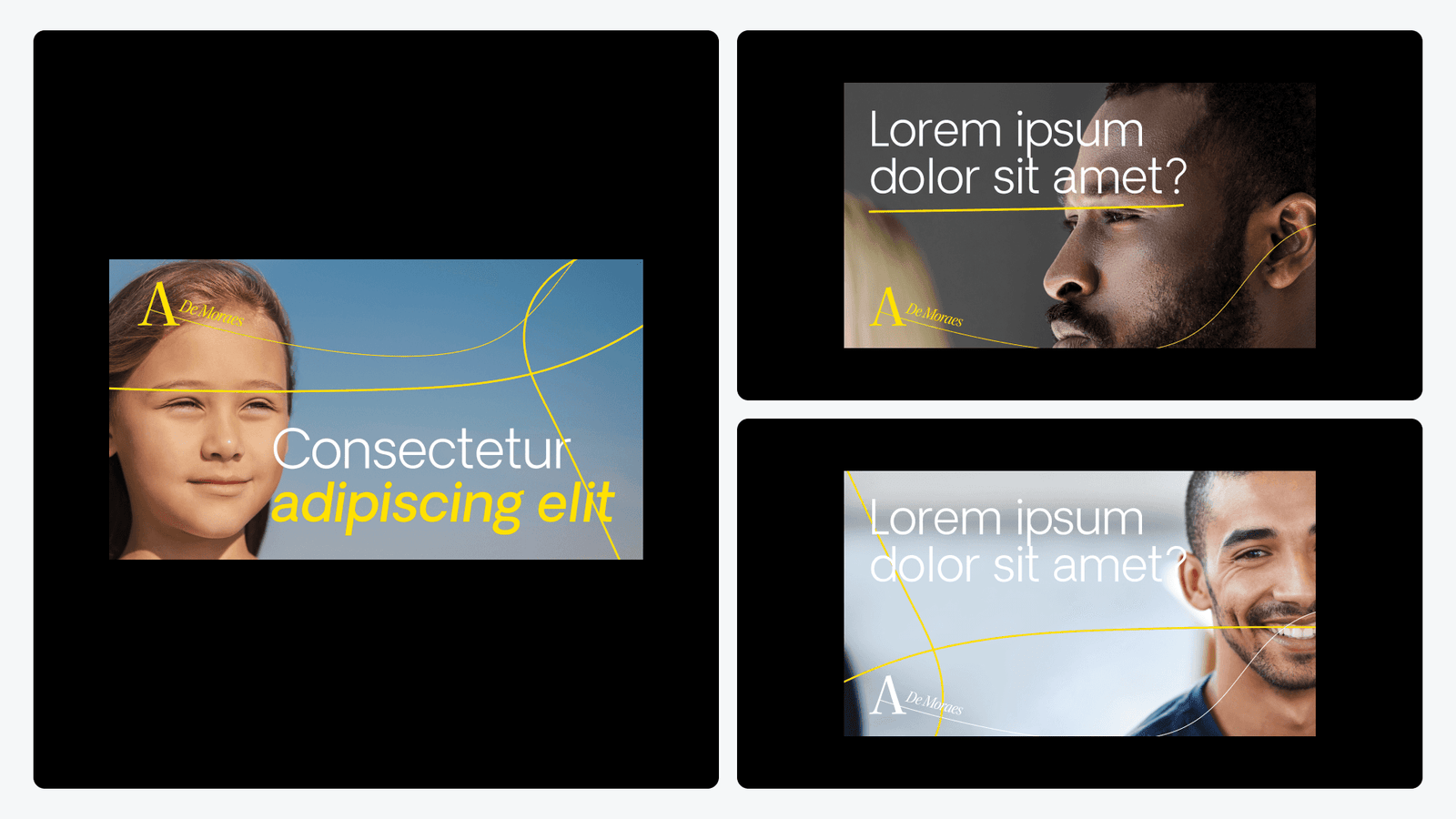 A set of social banners combining portraits with yellow accents and placeholder headlines