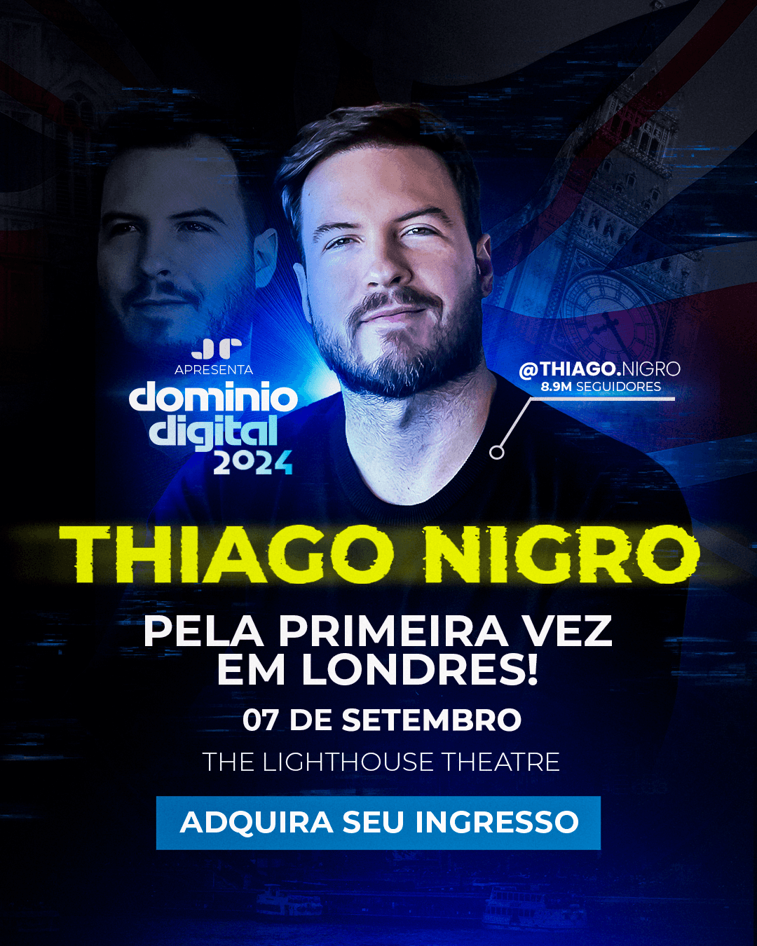Announcement graphic for Thiago Nigro appearing in London for the first time, on 7 September at The Lighthouse Theatre