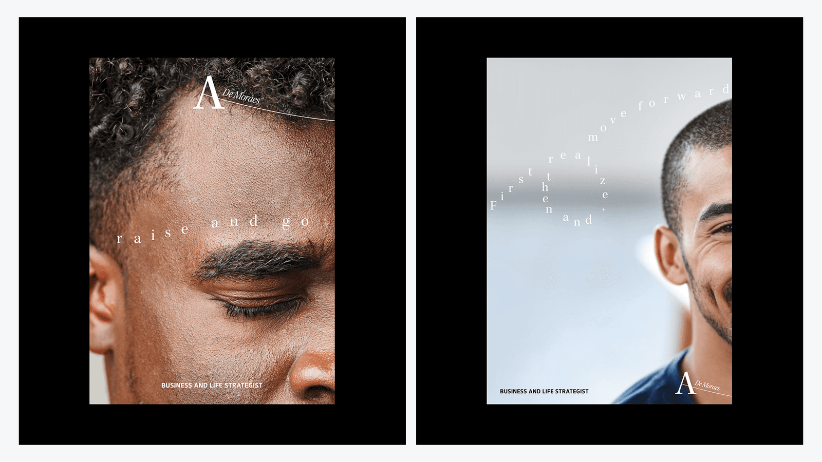 Two black and white portrait posters of Ailson de Moraes, each carrying the A monogram