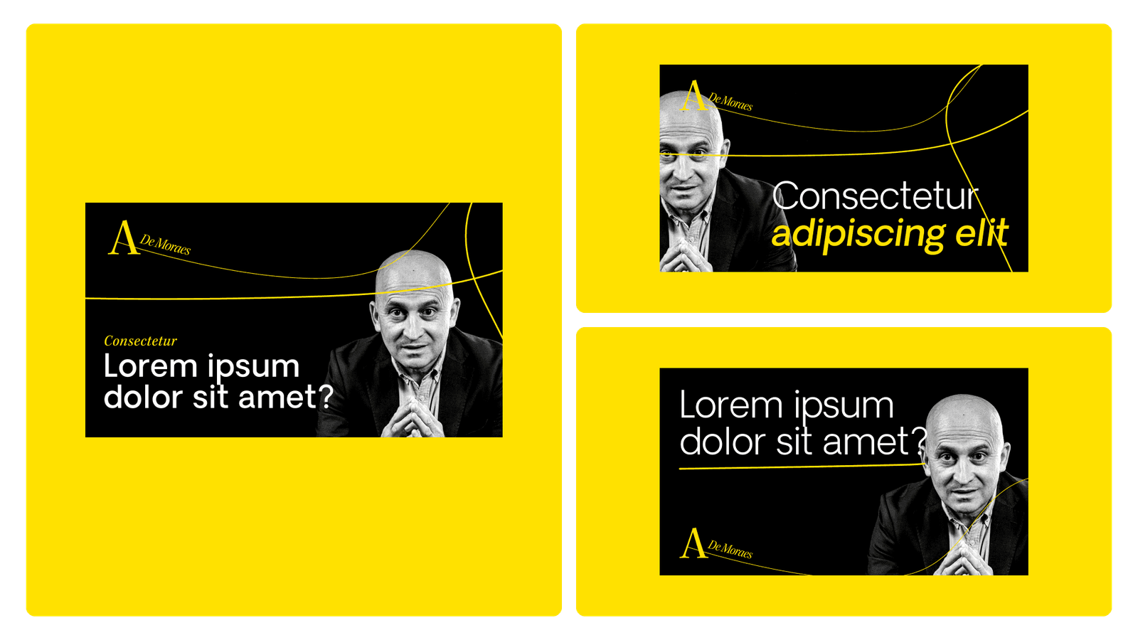 Yellow social cards pairing portraits of Ailson de Moraes with placeholder headline copy