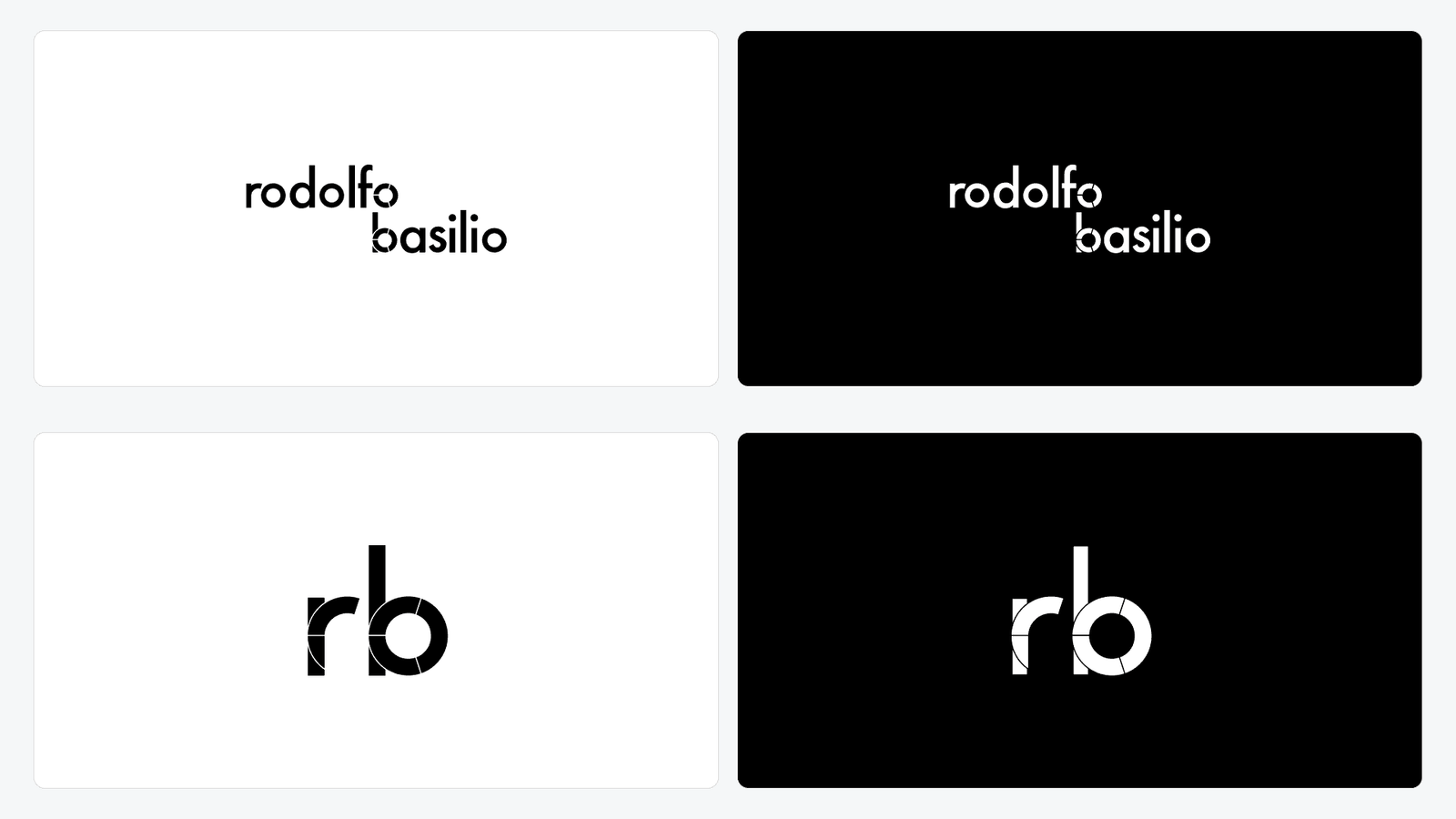 Four logo lockups arranged in a grid: the wordmark and the rb monogram, each in black-on-white and white-on-black