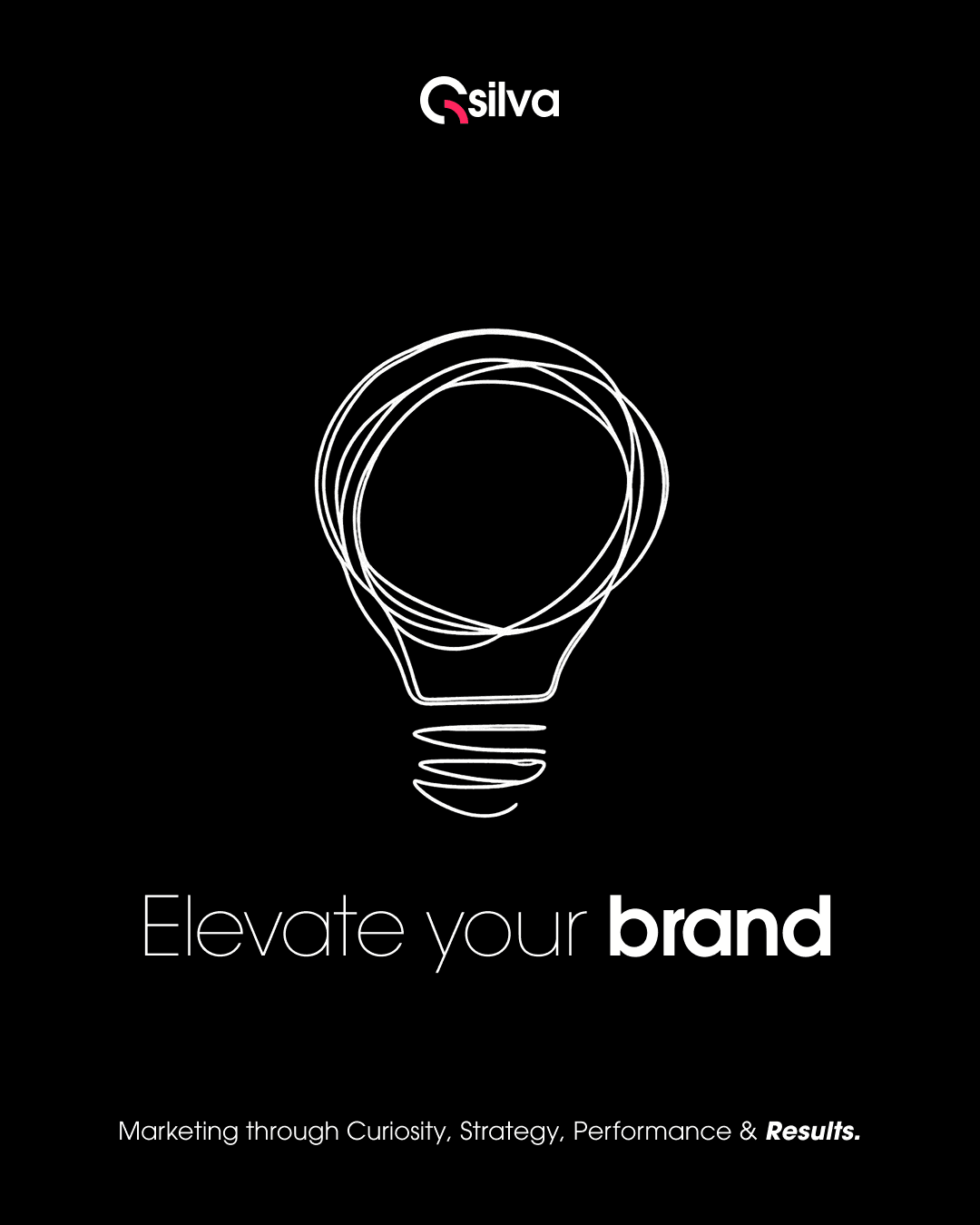 A black poster reading Elevate your brand, above a lightbulb drawn in a single scribbled line