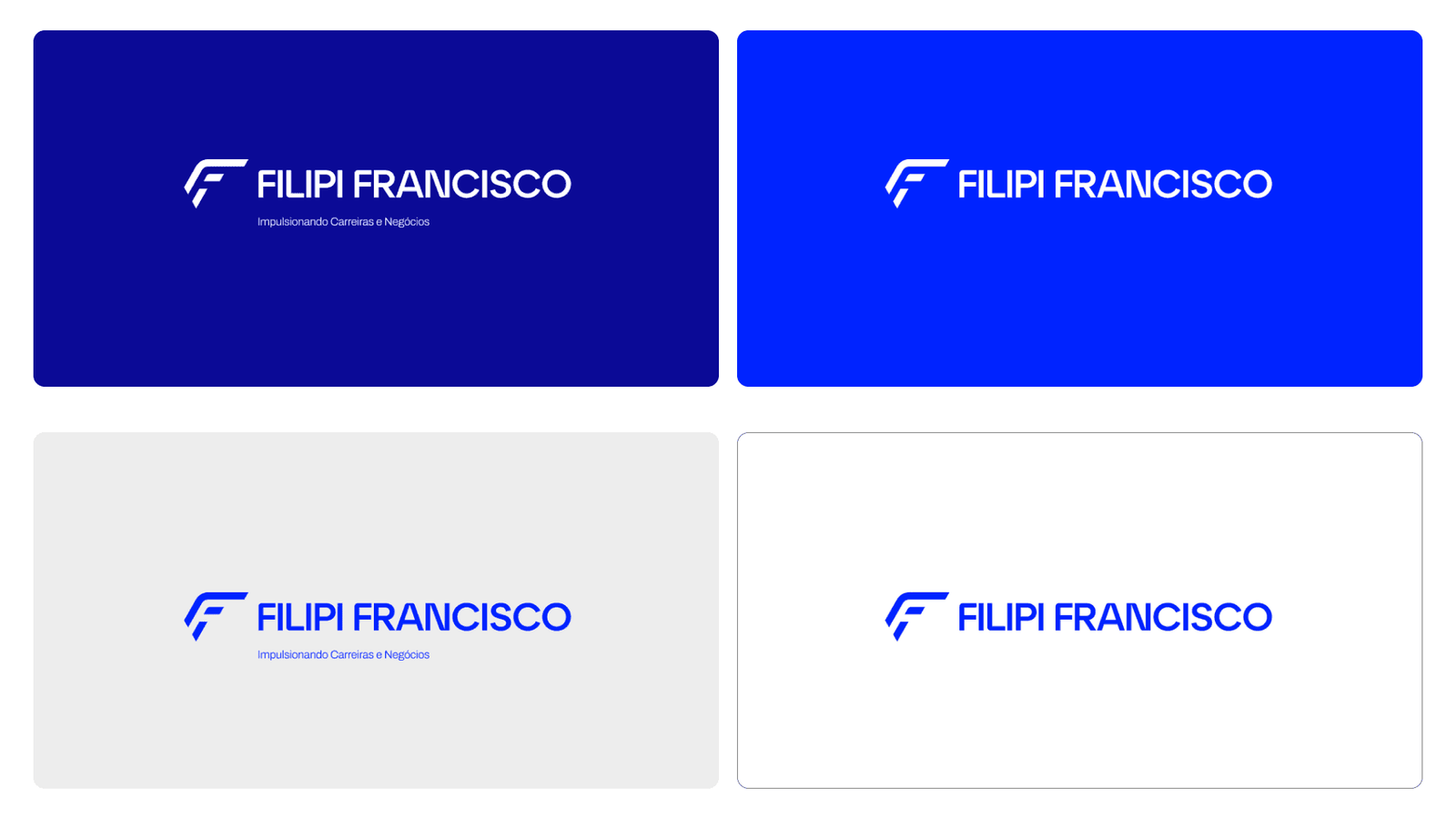 The logo shown in four colourways: on navy, on electric blue, on light grey and on white