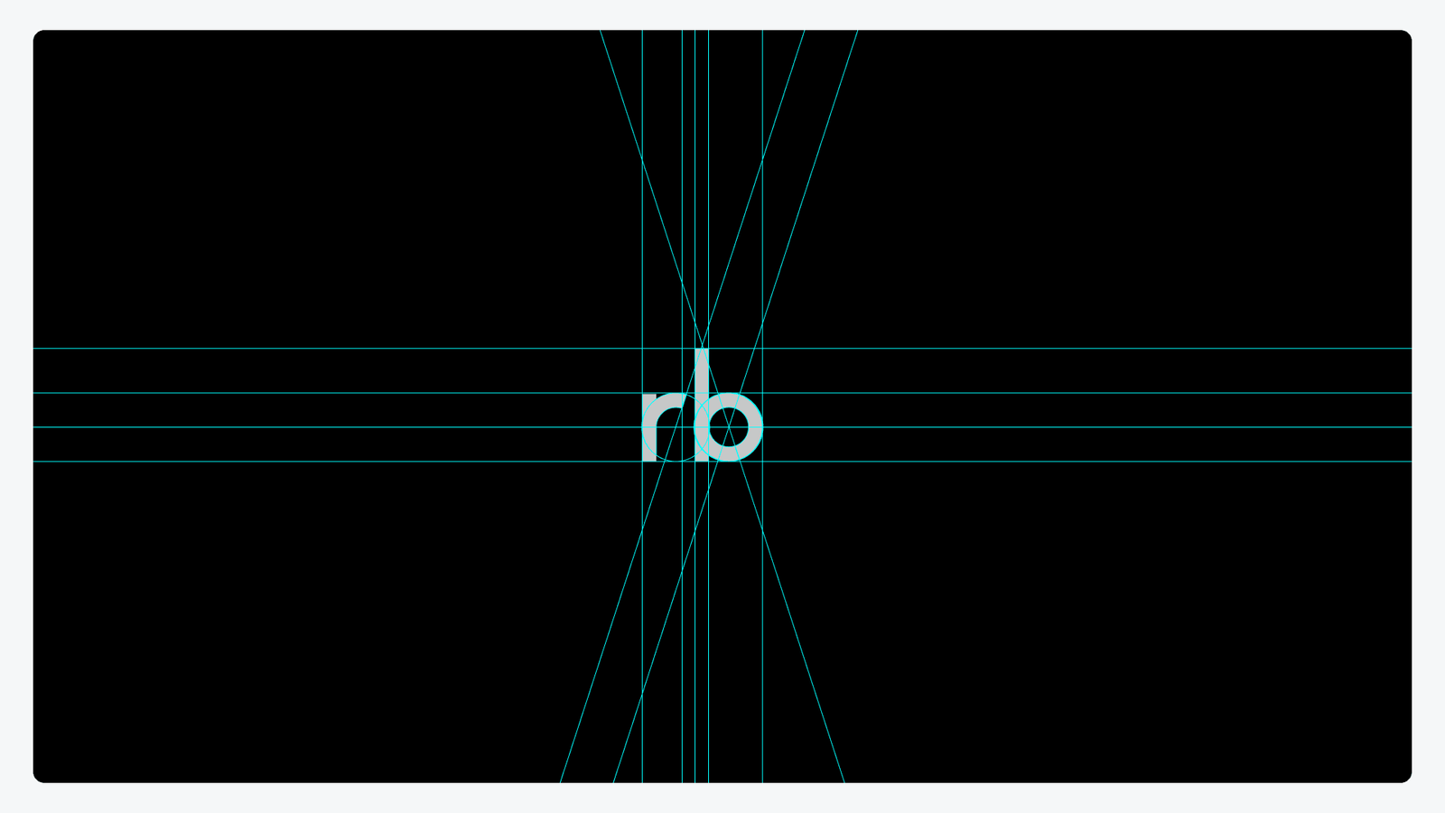 The rb monogram on black, overlaid with fine teal construction lines showing how the mark is built