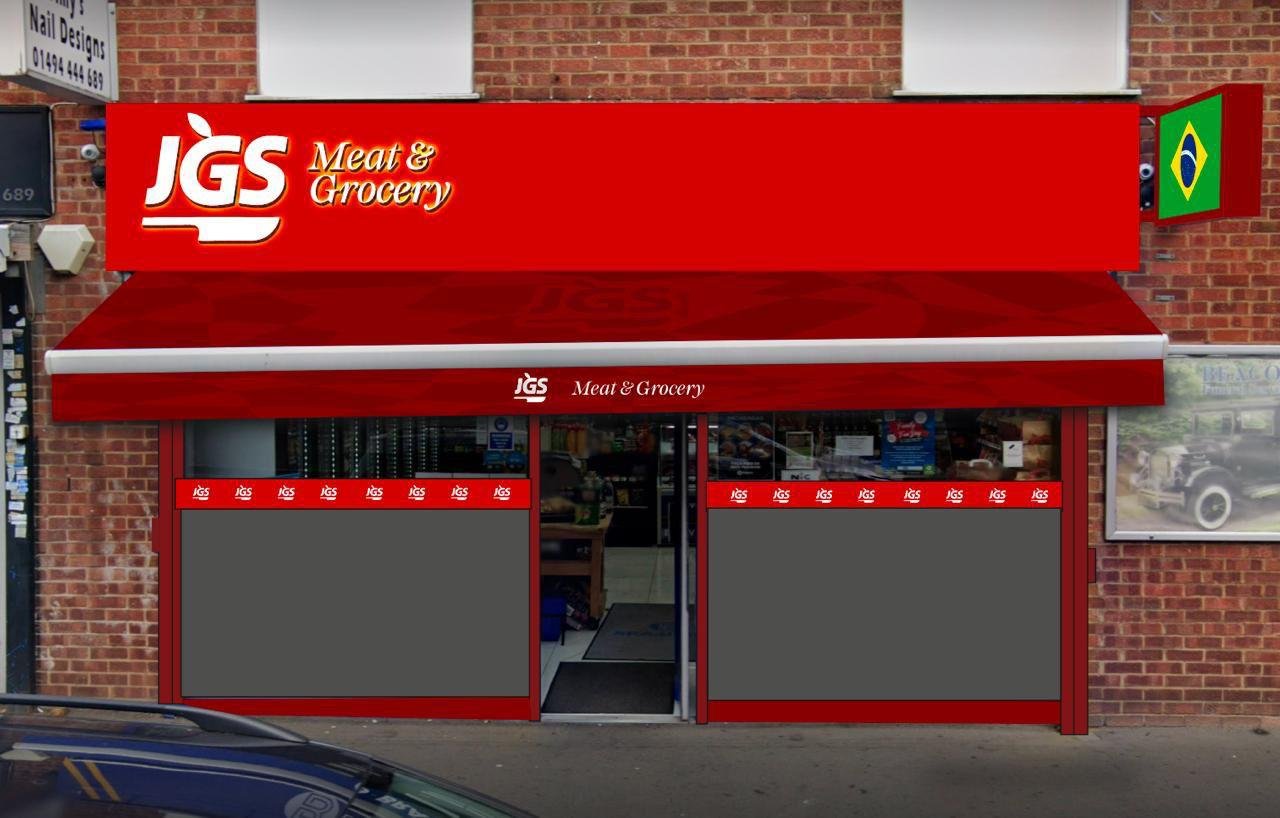 A shopfront design mockup with a red JGS awning and window graphics