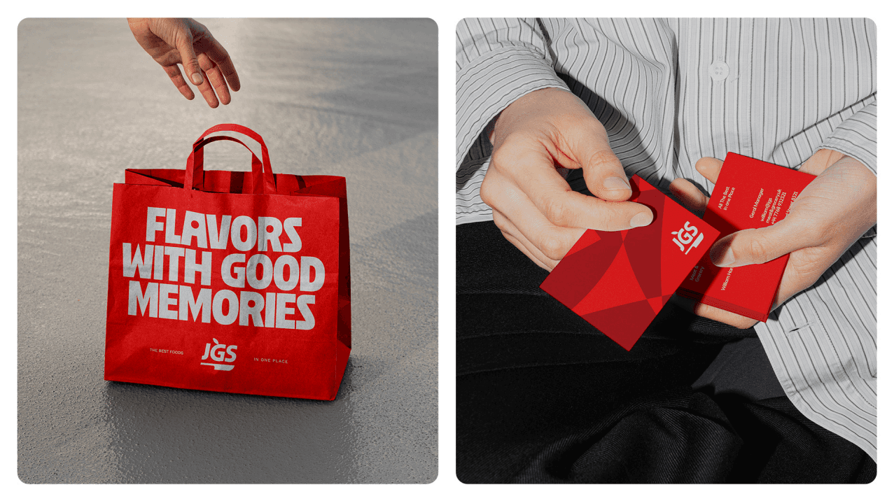 A red JGS tote bag reading Flavors with Good Memories, beside hands holding branded red packaging