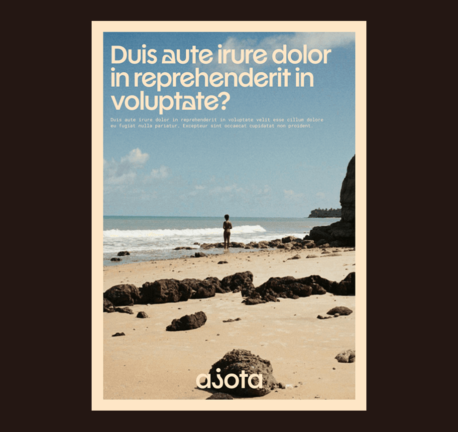 A poster template over a coastal landscape with a lone figure on the rocks, carrying the ajota mark
